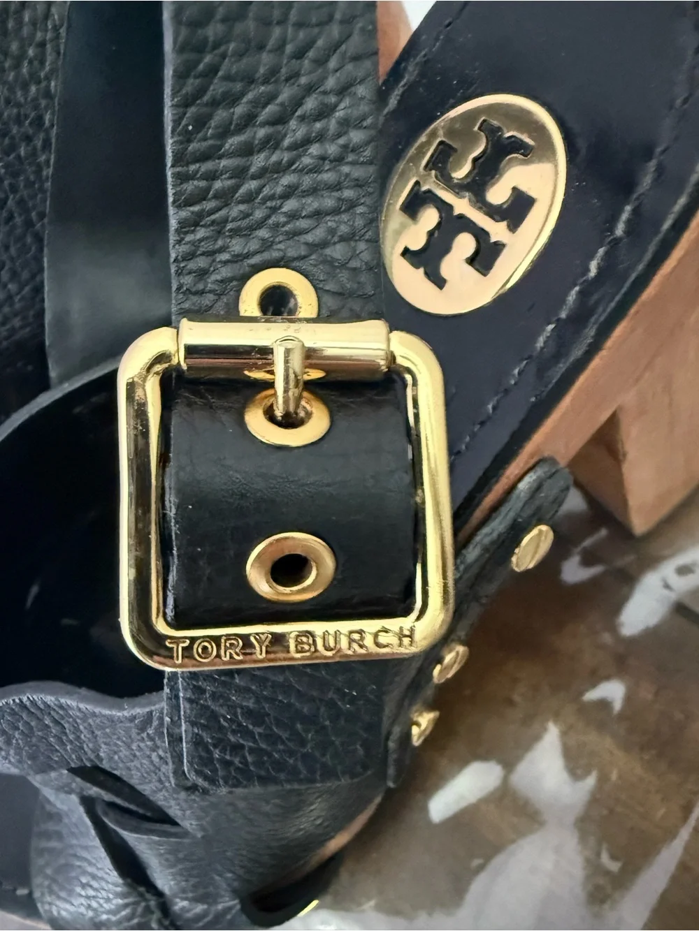 Tory Burch Black Leather Wood Platform Heels Sandals Gold Hardware 9.5